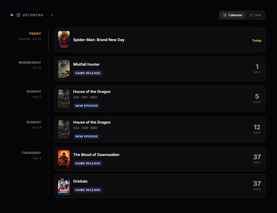Up Next queue and release calendar