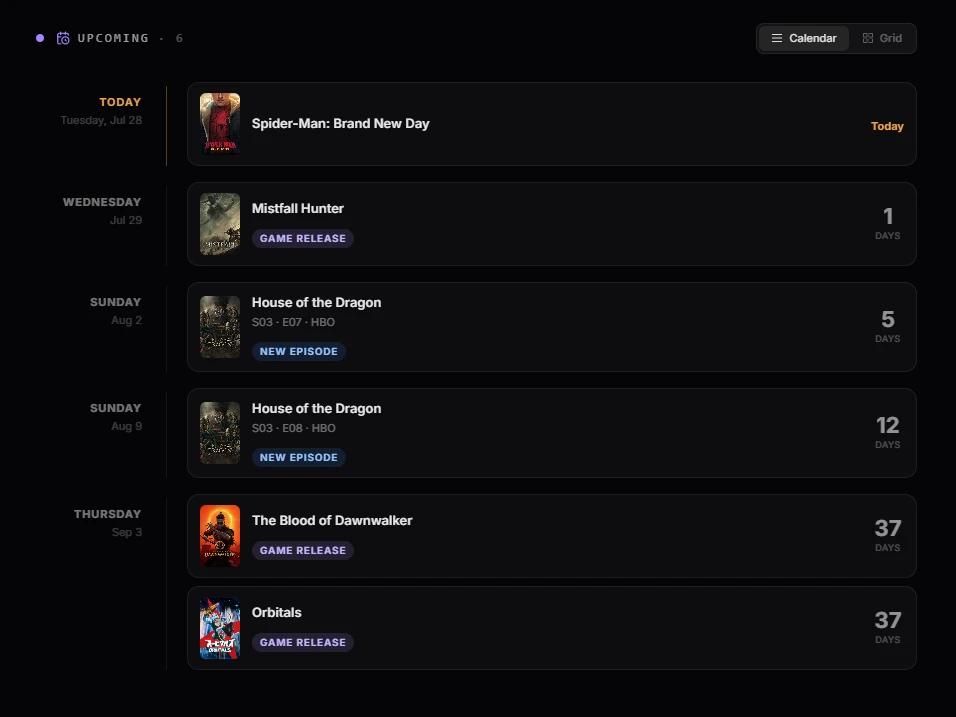 Upcoming in Up Next: a release calendar with new episodes of House of the Dragon and game launches